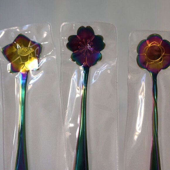 Flower Spoon Set Rainbow Color Stainless Steel Tableware Creative Coffee Spoons - Picture 5 of 10